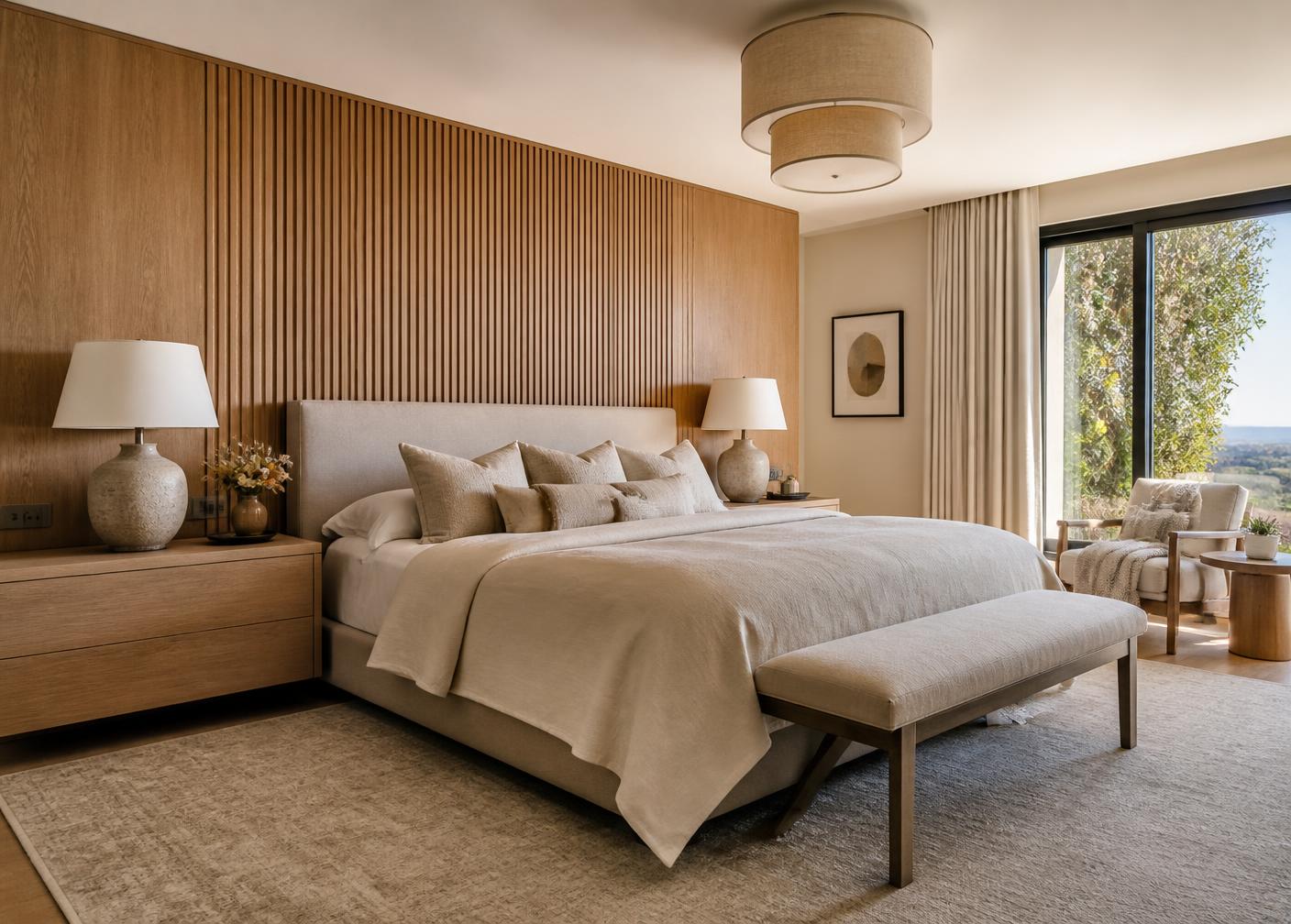 Quarto planejado com painel ripado em madeira e marcenaria sob medida