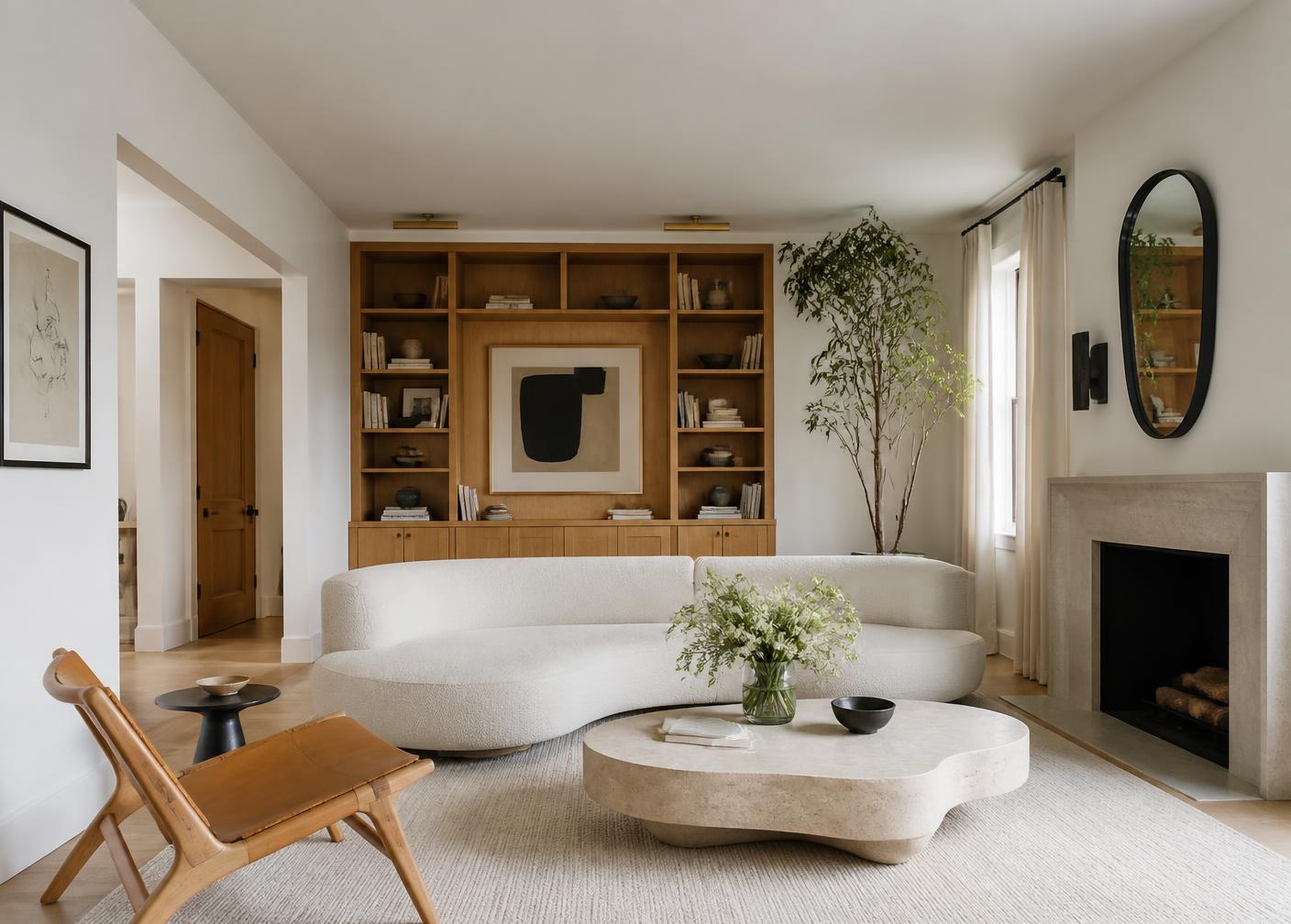 Sala de estar com estante planejada em madeira e decoração contemporânea